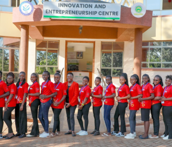 A group of 19 ENGAGE learners and staff posing outside the Innovation and Entrepreneurship Center.