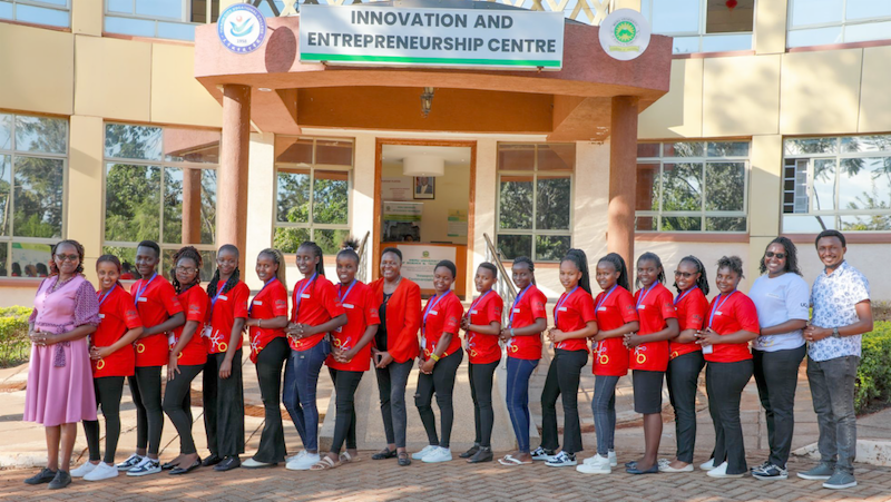 A group of 19 ENGAGE learners and staff posing outside the Innovation and Entrepreneurship Center.